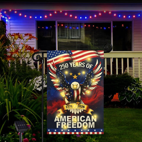 Lit 250th Anniversary USA Garden Flag With Solar LED Double Sided Patriotic Banner Celebrating 1776 2026 250 Years Of American Freedom