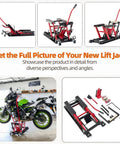 Beefy 1500 Lbs Hydraulic Motorcycle Lift Jack With Four Wheel ATV Scissor Lift Foot Operated Hoist Durable Steel Frame Red Finish