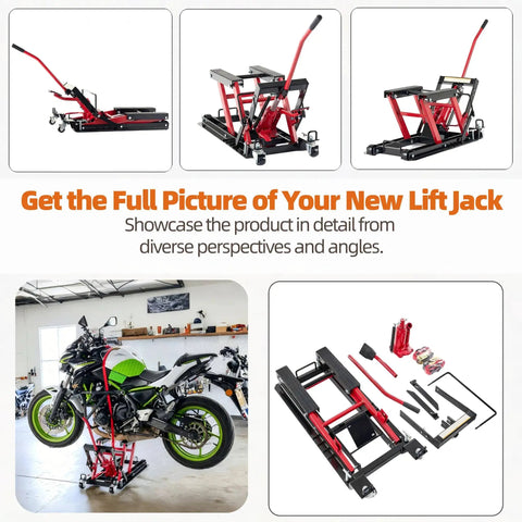 Beefy 1500 Lbs Hydraulic Motorcycle Lift Jack With Four Wheel ATV Scissor Lift Foot Operated Hoist Durable Steel Frame Red Finish