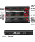 Top view of a 16 Channel Audio Mixer With Bluetooth And USB Playback 99 DSP Effects Digital Mixing Console showing interface labels