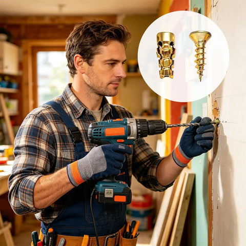 Heavy-Duty Expansion Screws Kit For Stripped Holes In Wood, Chipboard And MDF, 20-Piece No-Nonsense Repair Set To Restore Load Bearing Strength, Stabilize Cabinet Hinges And Handles With A Deep-Grip, Long-Lasting Home Fix. man drills expansion screw into damaged wood
