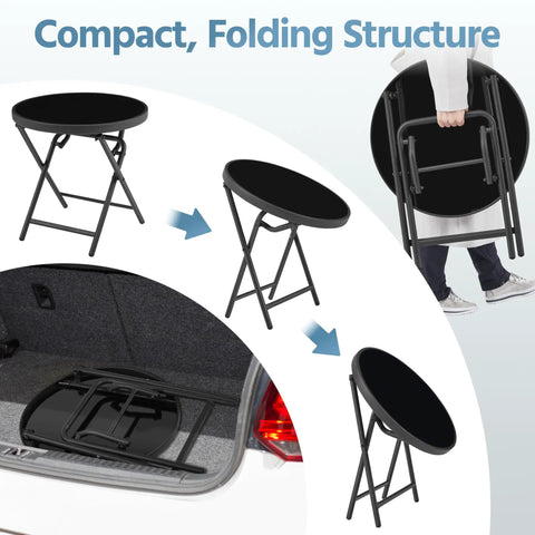 Outdoor Folding Round Patio End Table With Silk Tempered Glass Top And Lightweight Steel Frame, compact folding design