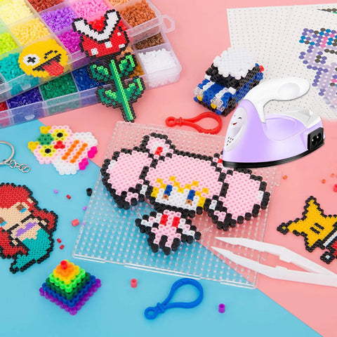 Portable Mini Heat Press Machine With Charging Base For DIY T Shirts Bags And Hats Light Purple Compact Small Iron Craft Tool For Vinyl Projects positioned among colorful bead designs.