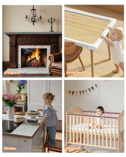 Thick As Nails L Shaped Baby Corner And Edge Guards 6.56 Feet Long used on a table protecting a crawling baby in the living room.