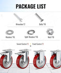 Package list showing Heavy Duty Five Inch Industrial Grade Caster Wheels With Total Locking Brakes Smooth Rolling set with parts.