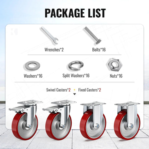 Package list showing Heavy Duty Five Inch Industrial Grade Caster Wheels With Total Locking Brakes Smooth Rolling set with parts.