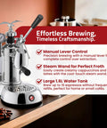 Heavy Hitter 54 Oz Manual Lever Espresso Machine Featuring Chrome And Walnut Finish Curved Portafilter Single Boiler For Barista Grade Brews At Home Made In Italy with steam wand and pressure gauge.