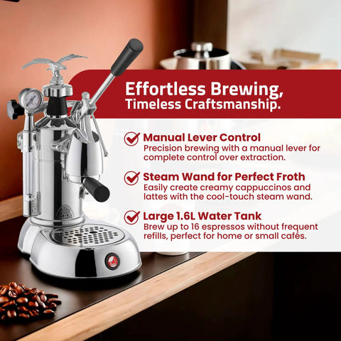 Heavy Hitter 54 Oz Manual Lever Espresso Machine Featuring Chrome And Walnut Finish Curved Portafilter Single Boiler For Barista Grade Brews At Home Made In Italy with steam wand and pressure gauge.