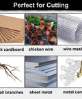 Image showing uses for Aviation Tin Snips 3-Piece Go-To Pro-Grade Set including cardboard, chicken wire, and sheet metal cutting.