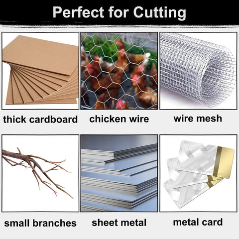 Image showing uses for Aviation Tin Snips 3-Piece Go-To Pro-Grade Set including cardboard, chicken wire, and sheet metal cutting.