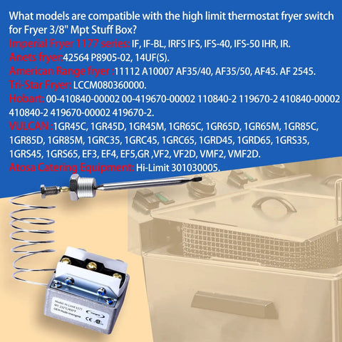 High Limit Fryer Switch Replacement For Deep Fryers 450F Safety Thermostat Three Eighths Inch MPT Fits 301030005 Compatible