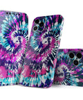 Full Body iPhone 13 Skin Wrap Kit Spiral Tie Dye V3 With Air Release Adhesive For Bubble Free Application And A Snug Soft Touch Protection Without Bulk Precision Fit displayed angled with colorful pattern.