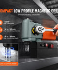 Rock Solid 1300W Portable Magnetic Drill Press With Integrated Cooling, Compact Low Profile Body, Beast Mode 10000N Base, showing max drilling specs.