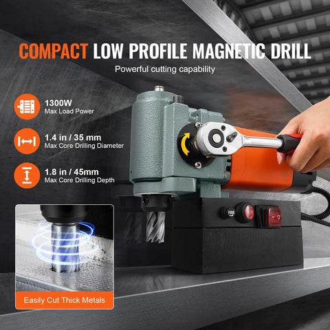 Rock Solid 1300W Portable Magnetic Drill Press With Integrated Cooling, Compact Low Profile Body, Beast Mode 10000N Base, showing max drilling specs.