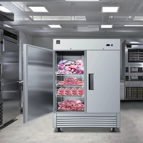 Heavy Duty Commercial Reach In Freezer, Two Door Stainless Steel Bottom Mount Upright Unit loaded with frozen meats in restaurant kitchen.