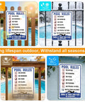 Two Pack Pool Rules Signs Keep It Safe No Diving No Running Swim At Your Own Risk Warning Sign 14 By 10 Inch Reflective Aluminum Weatherproof UV Protected for Pools Water Parks And Beaches Easy To Mount shown in various outdoor settings.