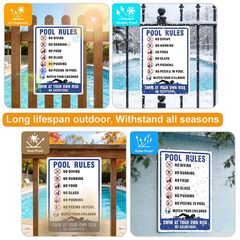 Two Pack Pool Rules Signs Keep It Safe No Diving No Running Swim At Your Own Risk Warning Sign 14 By 10 Inch Reflective Aluminum Weatherproof UV Protected for Pools Water Parks And Beaches Easy To Mount shown in various outdoor settings.