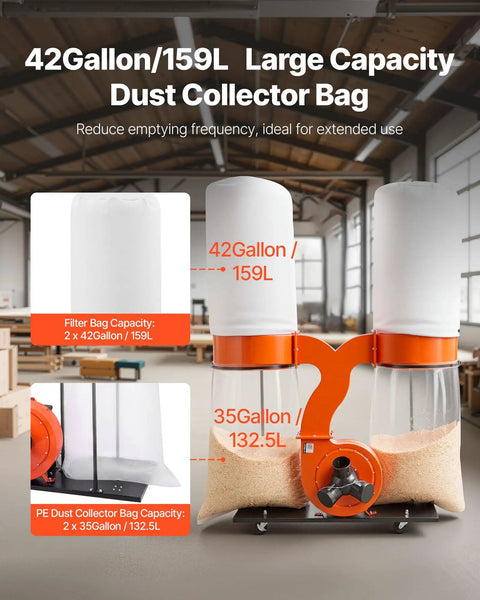 High Power Dust Collector With 1550 CFM Vortex Cone For Fast Wood Dust Pickup, featuring 35 and 42-gallon filter bags.