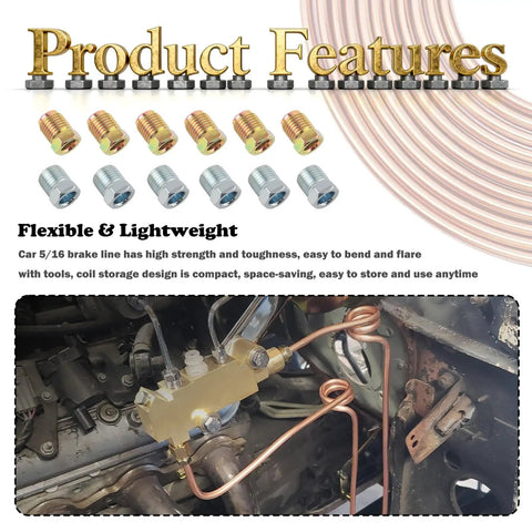 25 Ft Five Sixteenths Inch Brake Line Kit with copper-plated tubing and inverted tube nuts for car brake repair installation.