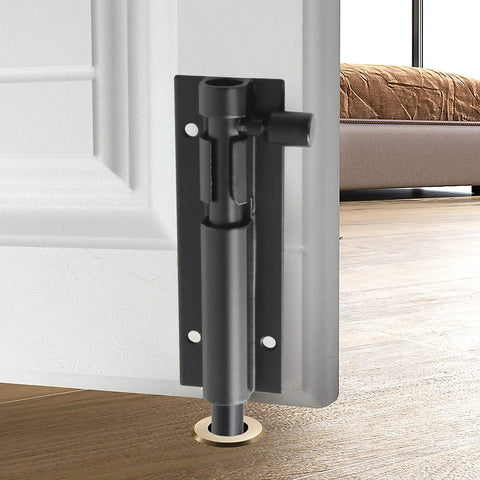 4 Pack Barrel Bolt Latch Black Slide Door Lock 3 Inch Security Lock Aluminum Alloy for Home Yard Garden Includes Screws and DIY Friendly Surface Mounted Installation for Indoor Outdoor Protection installed on a door.