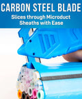 Close-up of Pro Grade Heavy Duty 14-Piece Fiber Optic Duct Kit carbon steel blade slicing microduct sheath.