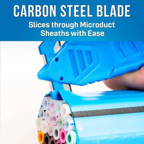 Close-up of Pro Grade Heavy Duty 14-Piece Fiber Optic Duct Kit carbon steel blade slicing microduct sheath.