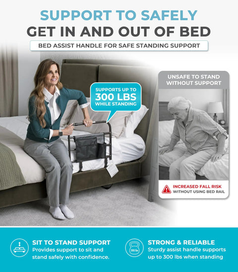 Killer Grip Premium Adjustable Bed Rail For Seniors Featuring No Fuss Setup And Smart Storage Pocket Astm Approved Fall Prevention Safety Guard Railing Black Assist Bar with supportive handle for safe standing.