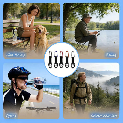 People using Durable Silicone Water Bottle Holder With Carabiner Clip And Key Ring Fits 12 To 25 Oz Bottles Elastic Strap outdoors.