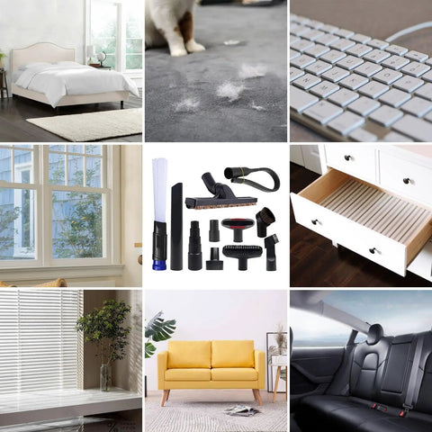 Collage of household cleaning situations and 11 Pc Universal Vacuum Attachments Kit For Wet Dry Vac Accessories displayed centrally.