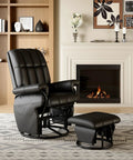 360 Degree Swivel Glider Recliner With Ottoman And Foot Rest Plus 2 Side Pockets For Nursery Living Room Bedroom Or Office Black Built In Tilt And Rocking Comfort Ideal Nursing Glider in front of fireplace.