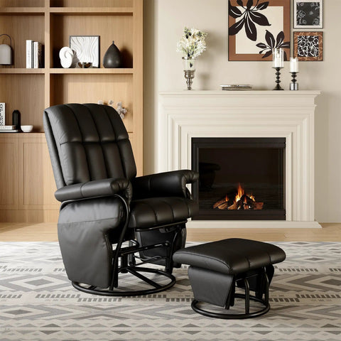 360 Degree Swivel Glider Recliner With Ottoman And Foot Rest Plus 2 Side Pockets For Nursery Living Room Bedroom Or Office Black Built In Tilt And Rocking Comfort Ideal Nursing Glider in front of fireplace.