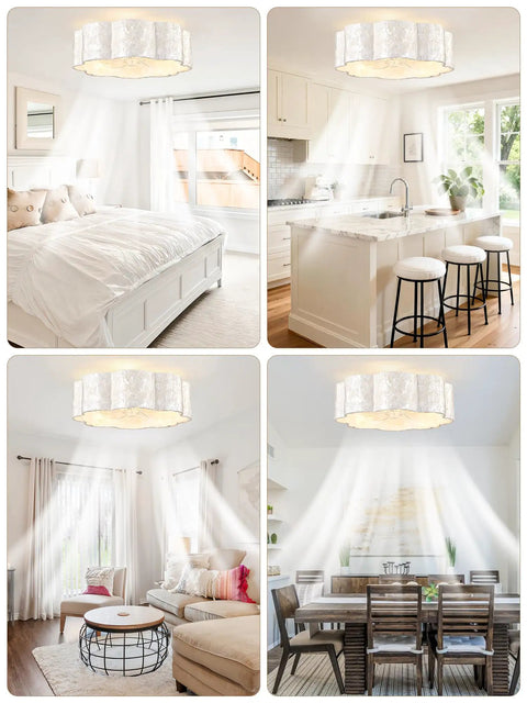 18" Coastal Boho Capiz Shell Ceiling Fan with Light and Remote,Flush Mount in a bright bedroom with white decor and soft lighting.