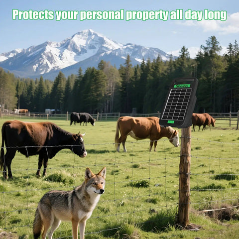 Go To Solar Fence Charger Energizer With 0.11J Output 5 Mile Range mounted on fence in pasture with cows and mountains
