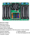 Four Channel 18650 Battery Capacity And Internal Resistance Tester With LCD Display Type-C Port, shown with indicators and slots.