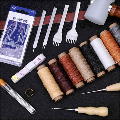 All-In-One 35-Piece Leather Sewing Kit With Hole Punch Prongs, Waxed Thread, Large-Eye Needles, Awl, Thimble, Tape Measure And Leather Punch Tools