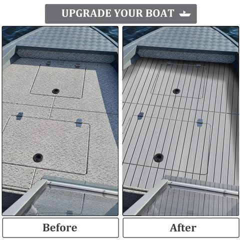 Before and after view of EVA Foam Boat Decking With 3M Self Adhesive Backing Faux Teak Marine Flooring Non Slip Pad installation