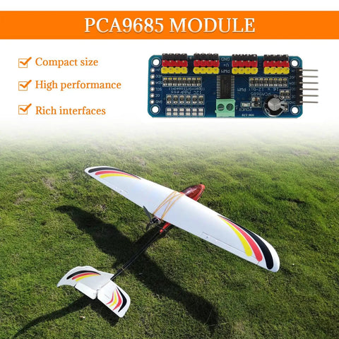 Image of a Sixteen Channel PWM Servo Driver Board With 12 Bit I2C Interface PCA9685 Module Compatible With Arduino And Raspberry Pi Pack of 2 over a model glider on grass.