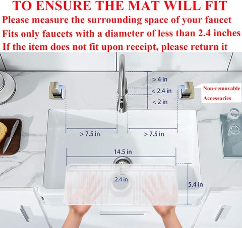 Clear Silicone Sink Splash Guard Mat 14.4 x 5.4 Inches, 3 In 1 Faucet Drip Catcher Tray illustration with measurements