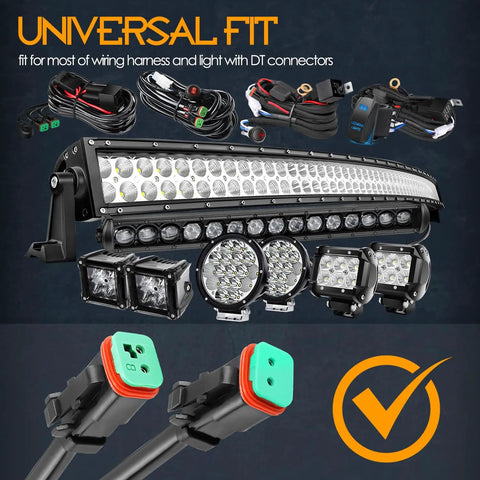 Universal Wiring Harness Splitters And Deutsch DT DTP Adapters Extension Kit For LED Pod Lights shown with LED lights and connectors.