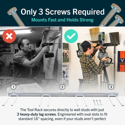 36 Inch Heavy Duty Wall Mounted Tool Organizer Rack installation process using 3 screws, showcasing secure mounting for garage use.