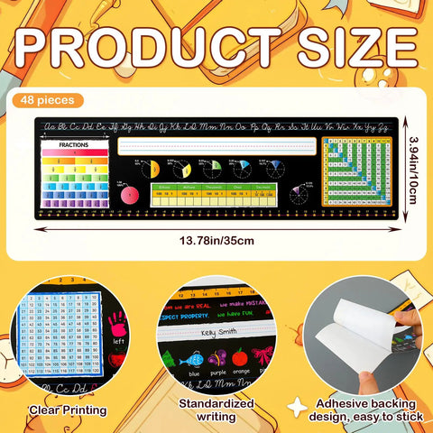 Huge 48 Pack Chalkboard Style Self Adhesive Desktop Nameplates For Classroom Use, Educational Desk Reference Tags shown with dimensions.