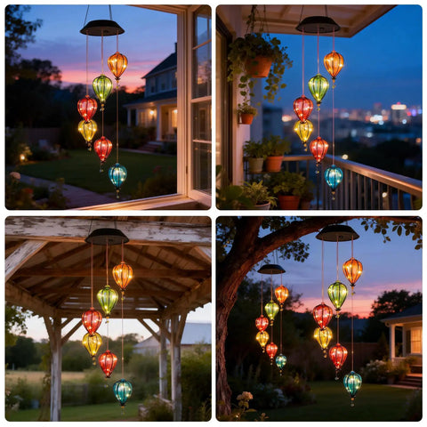 Solar Wind Chimes Outdoor Lights With 30 Warm White LEDs Hot Air Balloon Style Hanging Decor Auto On Off Light Sensing Waterproof Garden Lights For Patio Porch Yard