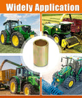 Universal Lower Lift Arm Bushing for Quick Hitch Adapts Cat I to Cat II Implement Linkage No Play Connection Fits Tractor Attachments Replaces Multiple Part Numbers 10 Pieces Set, gold bushing shown with tractors in field