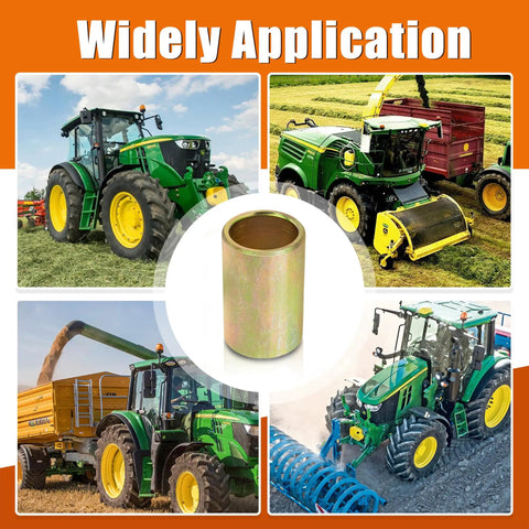 Universal Lower Lift Arm Bushing for Quick Hitch Adapts Cat I to Cat II Implement Linkage No Play Connection Fits Tractor Attachments Replaces Multiple Part Numbers 10 Pieces Set, gold bushing shown with tractors in field