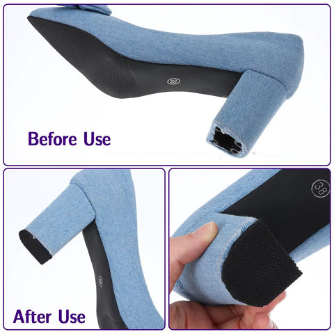 Before and after image of a heel repaired using 6 Pack Shoe Heel Repair Rubber Pads Replacement For Boots And Shoes Anti Slip Sole Protectors 4mm Thick Black Durable Heel Pads For Men And Women Easy To Install Long Lasting Grip And Shock Absorption On Wet Or Smooth Surfaces