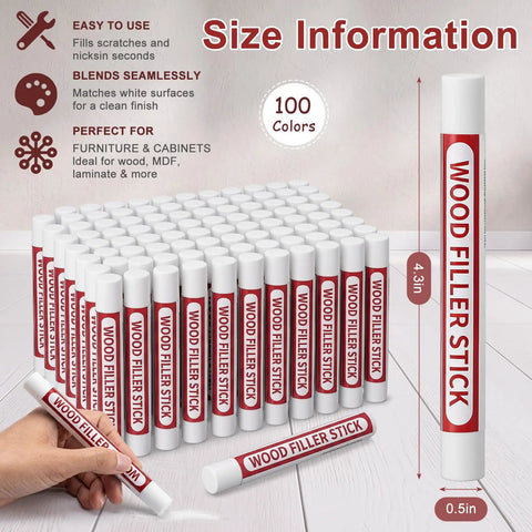 100 PCS Wood Filler Sticks Wax Crayons For Furniture Fix Ups And Scratch Coverage No Muss No Fuss Wood Knot Repair For DIY Home Restoration Projects, displayed in white plastic casings.