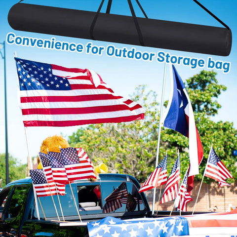 Flag Pole Carry Bag For Tailgates And Color Guard Gear, Heavy Duty 60x6 Inch Oxford Fabric Case on truck with flags