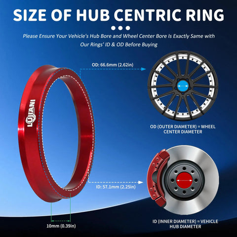 Badass Red Hub Centric Rings Pack Of 4 Drop Over Your Axle For A Snug Fit 66.6 To 57.1 Mm Centerbore Adapters on display with dimensions.