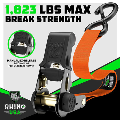 Hella Tough Heavy Duty Ratchet Straps 4 Pack Tie Down Cargo Lashing One Inch By Fifteen Foot With Swivel S Hooks For Pickup Truck Trailer Bike And Tractor Quick Spin Crank Handle Locks Every Load Dead Solid, showing a ratchet with a high break strength feature.