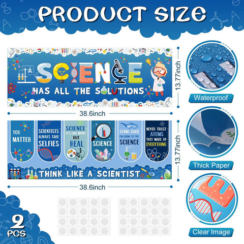 Science Classroom Decor Duo With Scientist Posters Banner Set For Bulletin Boards And Wall Displays For Teachers Lab Cutouts And Party Prep In Schools Or Offices 13.8 By 38.6 Inches showing product size and features like waterproof, thick paper, and image clarity